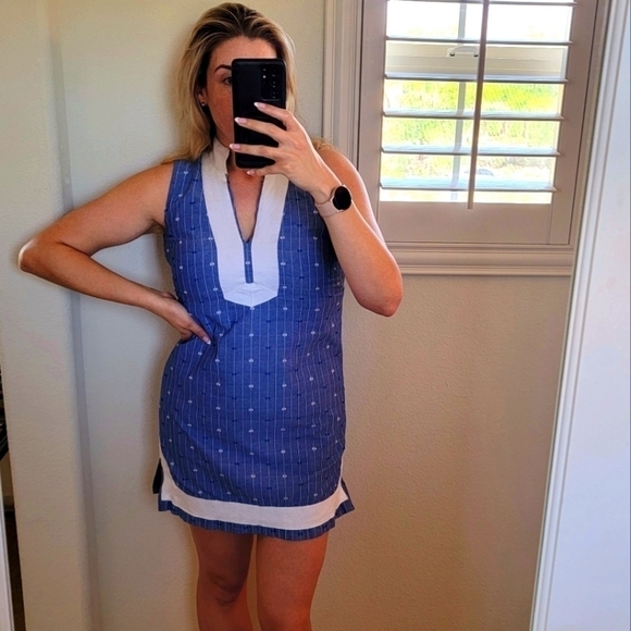 Eliza J Shift Sleveless Summer Dress Blue & White Size 8 - Picture 1 of 6